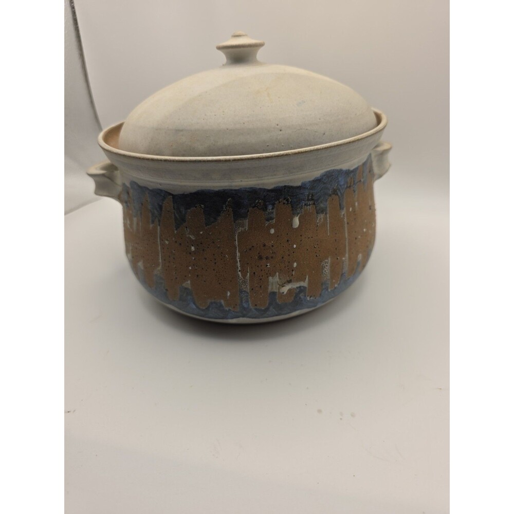 Studio Art Pottery Stoneware Handmade Casserole Dish Bean Pot Double Handle Lid